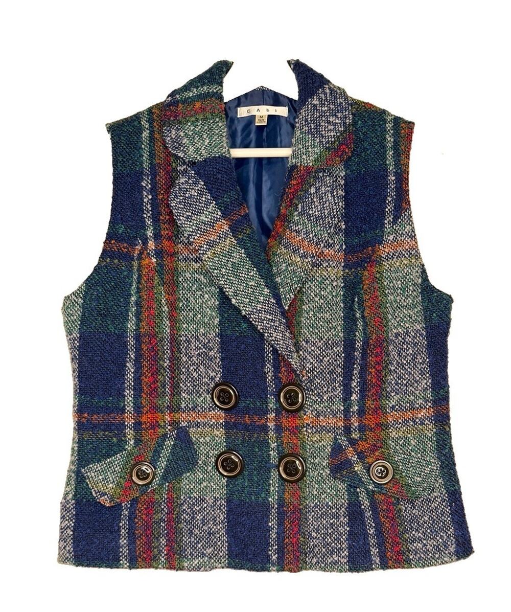 CAbi Wool Blend Blue Gray Plaid Tweed Double Breasted Vest Buttons Collar Fall M